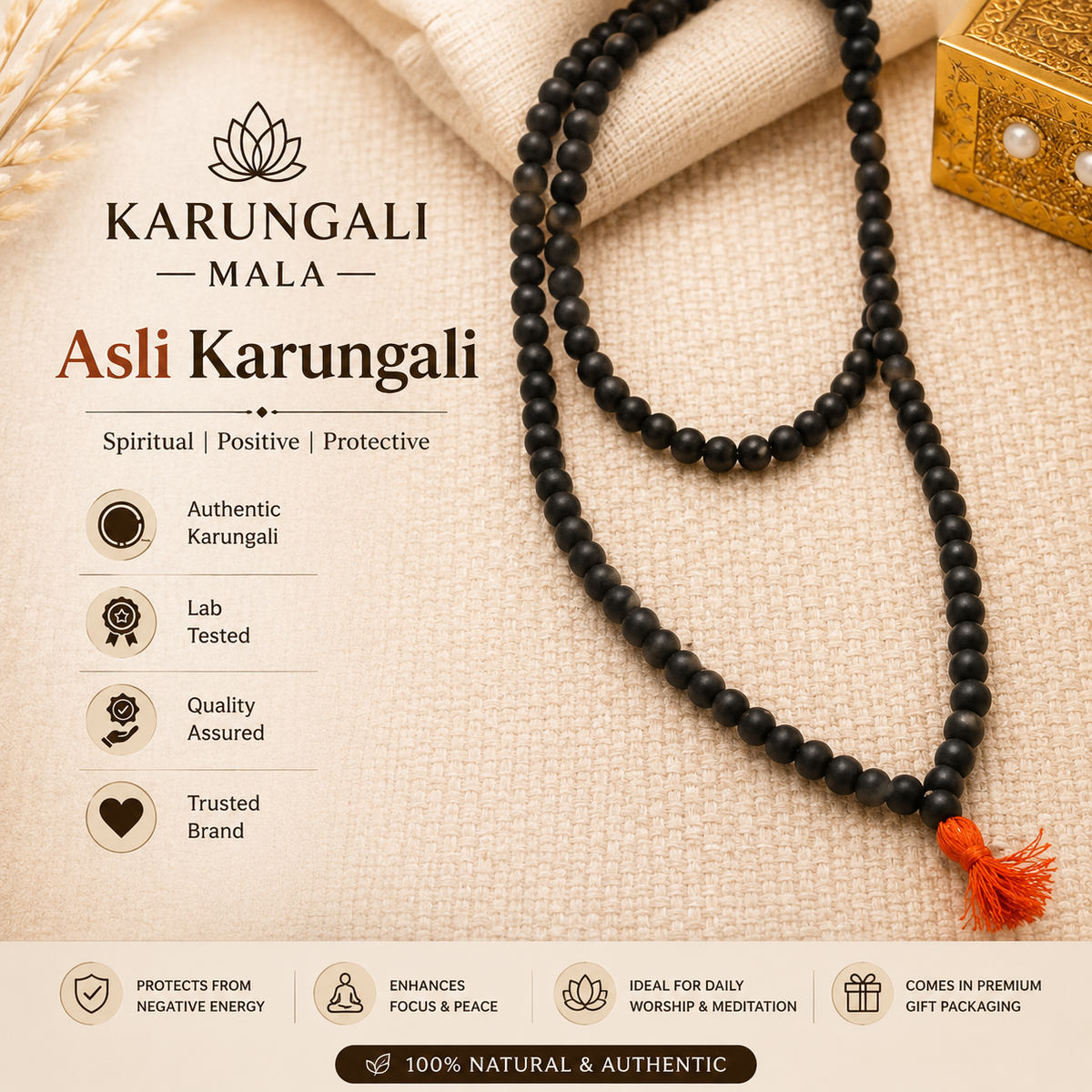 Original Karungali Malai Religious Mala 108-Beads 8MM Ebony Wood Jaap Mala Wood Necklace