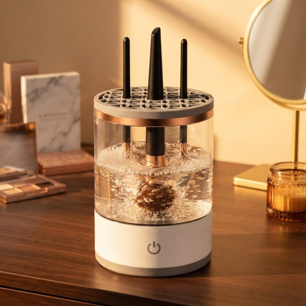 Electric makeup brush cleaner with its brush holders, lid and charging cable laid out