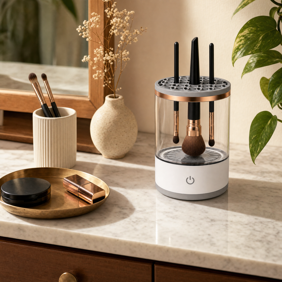 Electric makeup brush cleaner on a marble vanity with a brush spinning inside the clear cup