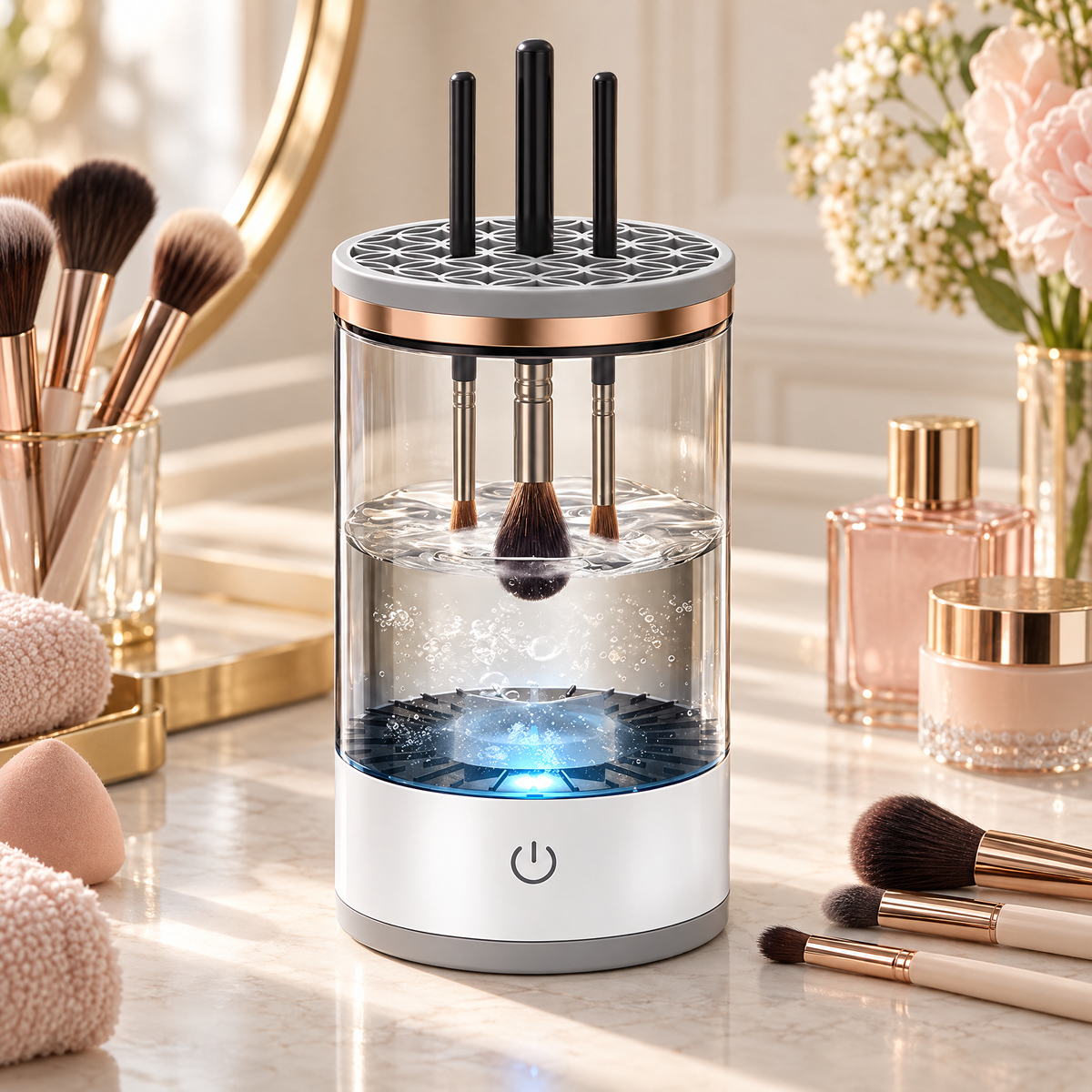 Close-up of the patterned silicone lid and rose gold ring on the electric brush cleaner